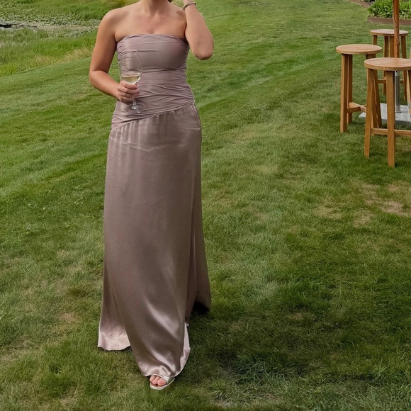 Meshki Dresses & Skirts - Meshki Satin Strapless Maxi Dress in Taupe